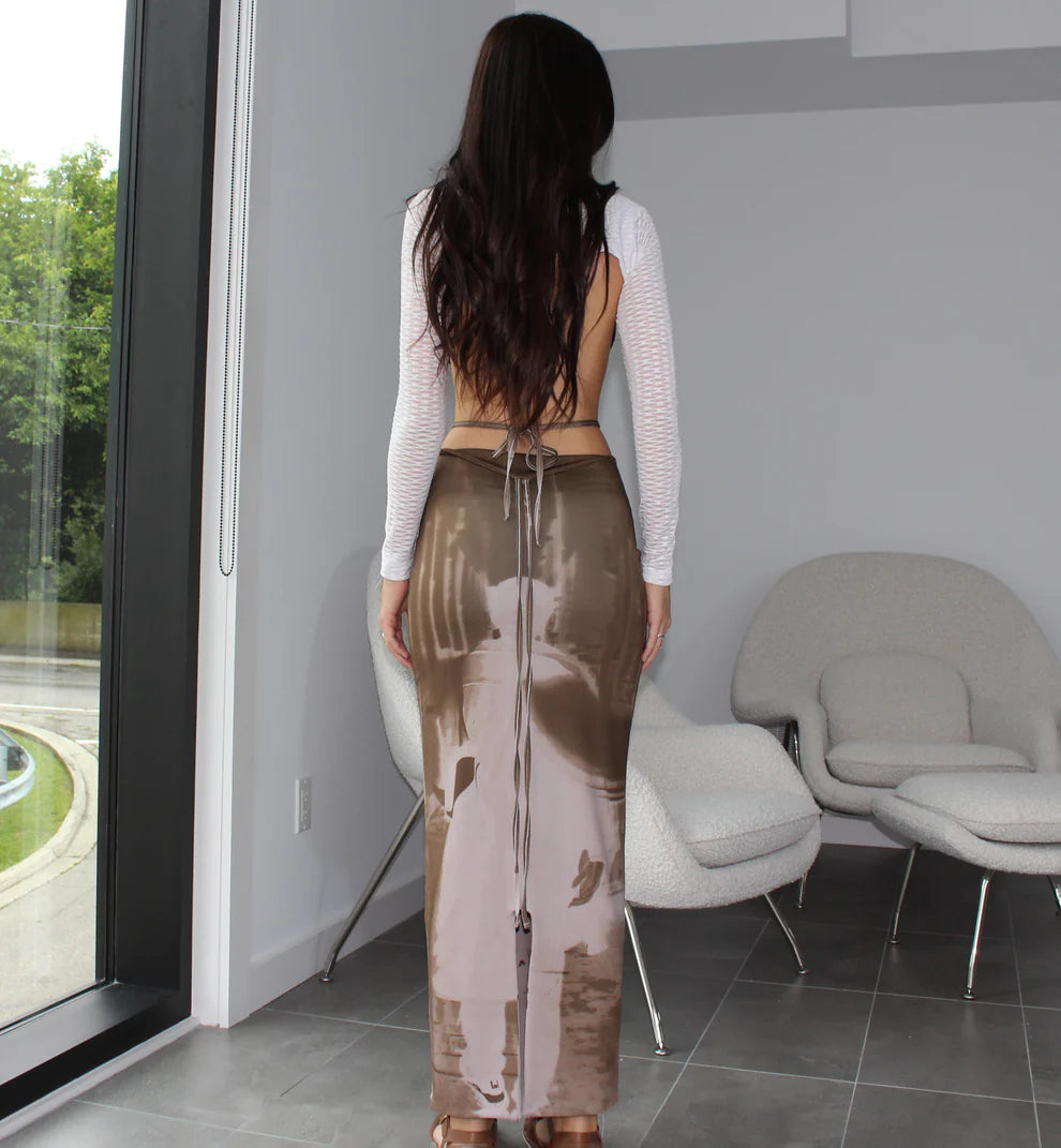 Brown printed maxi skirt with waist ties