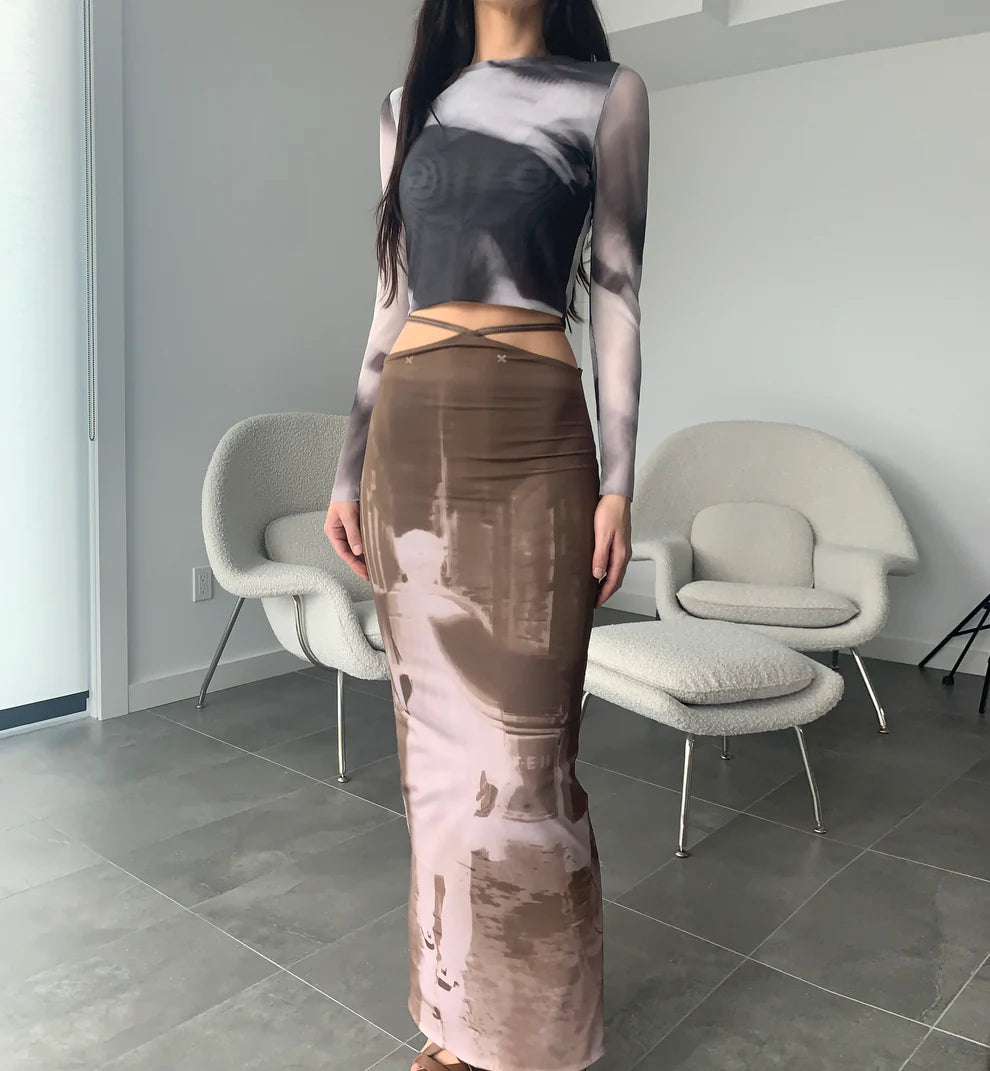 Brown printed maxi skirt with waist ties