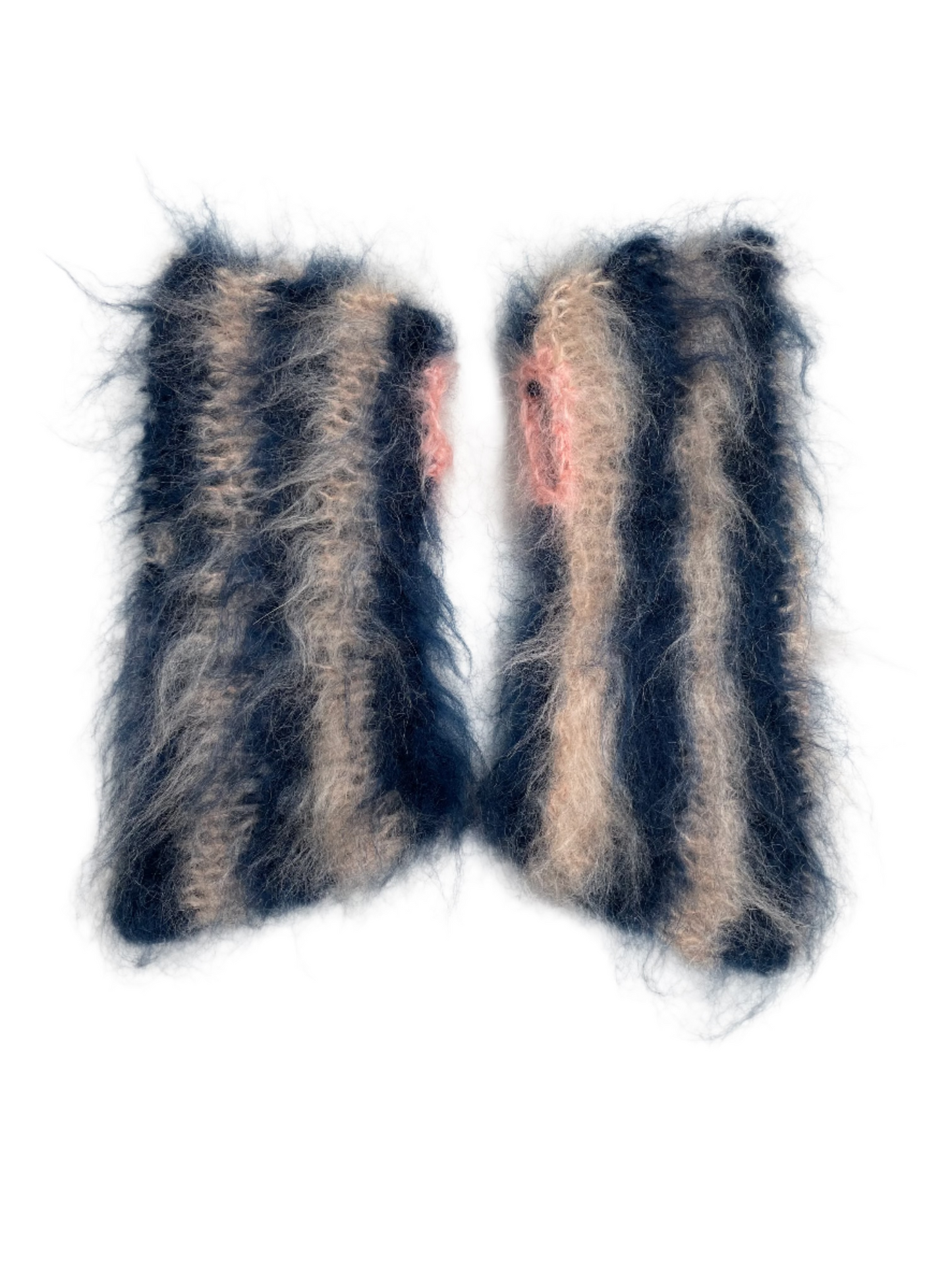 Fuzzy Stripy Gloves - Beige/Navy