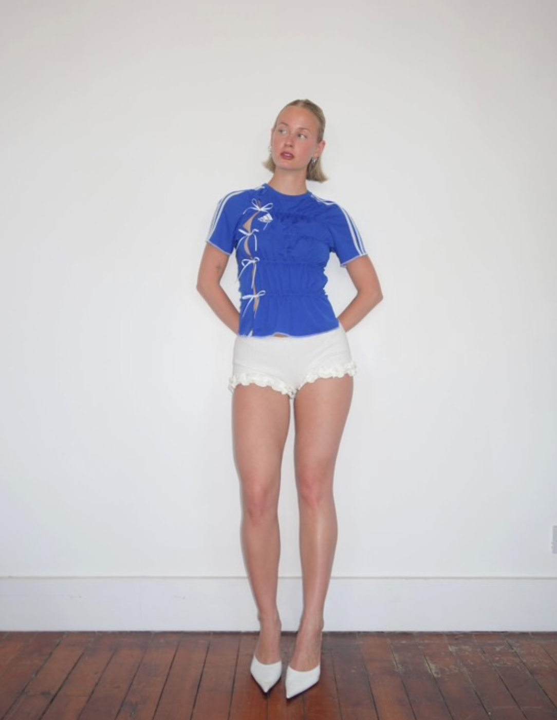 Asymmetric Ruched Jersey in Blue