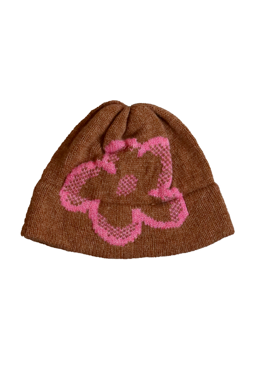 Daisy Beanie - Brown & Pink