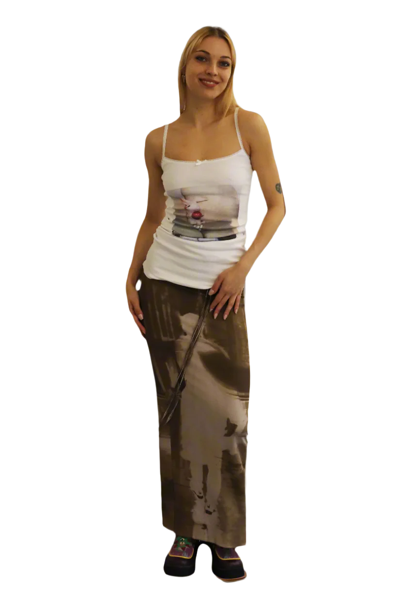 Brown printed maxi skirt with waist ties